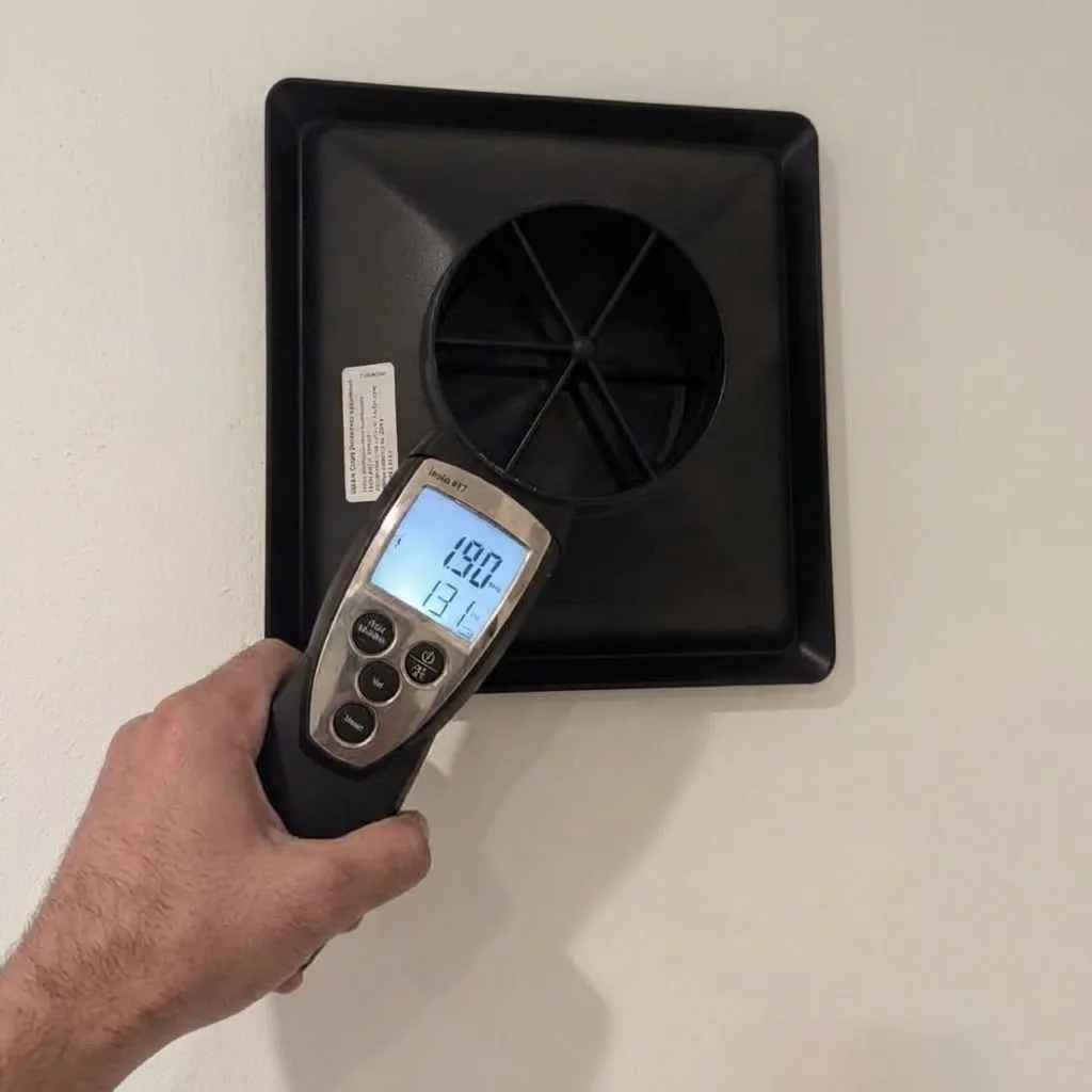 Airflow capture hood testing and digital vane anemometer calibration at 13.1 l/s on continuous dMEV extract fan