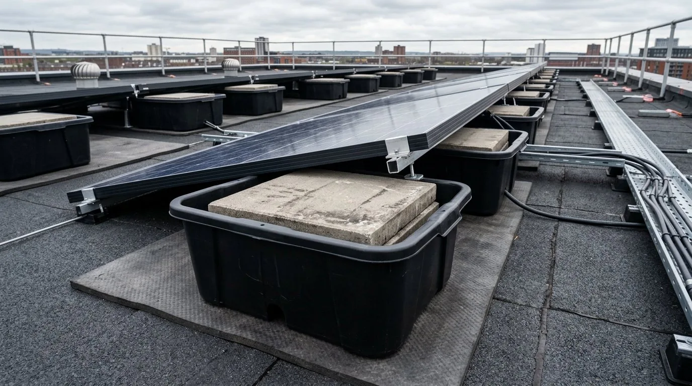 Flat roof ballasted bucket system