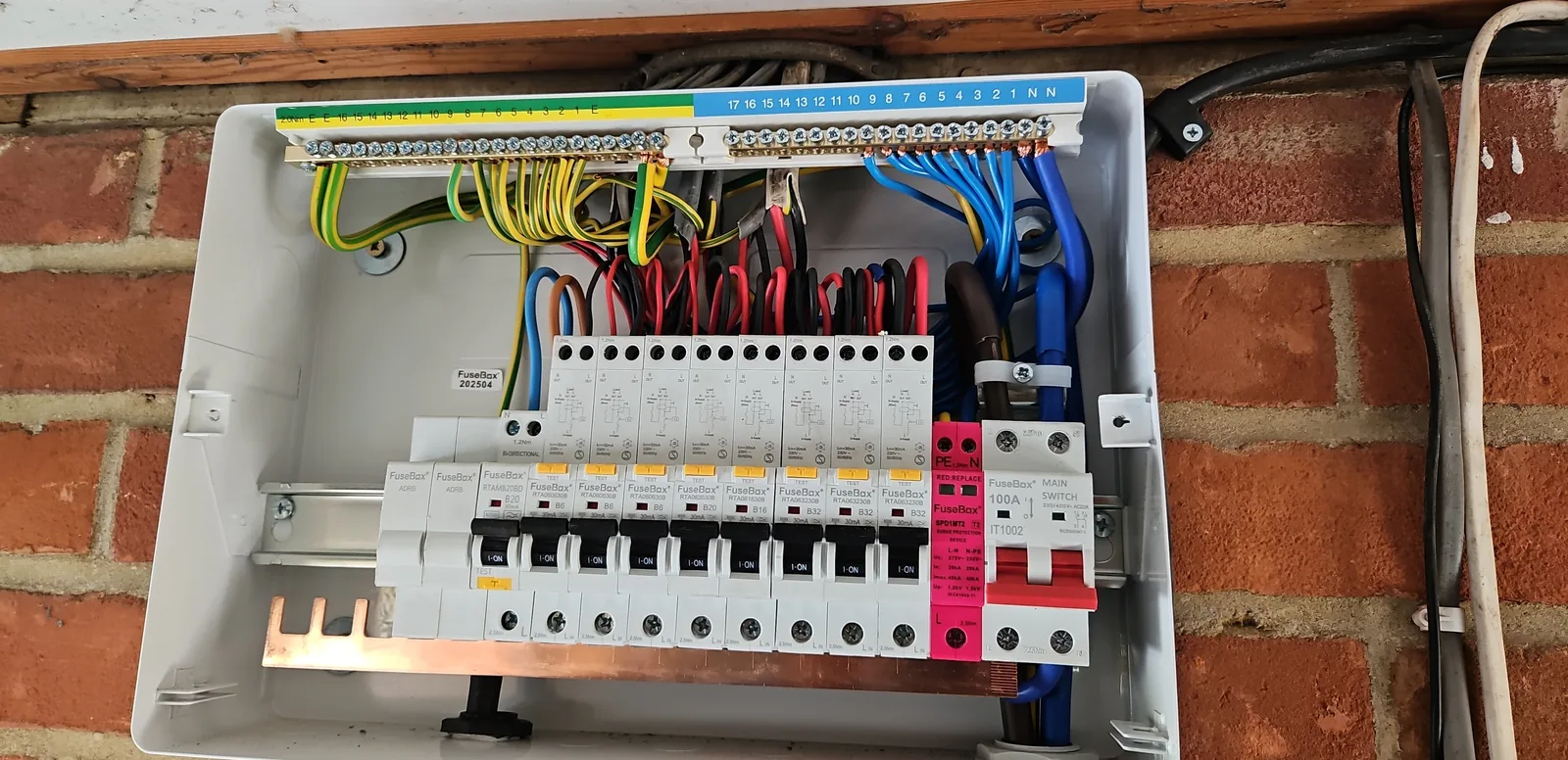 FuseBox consumer unit wiring with bi-directional RCBO and SPD at Bishops Stortford